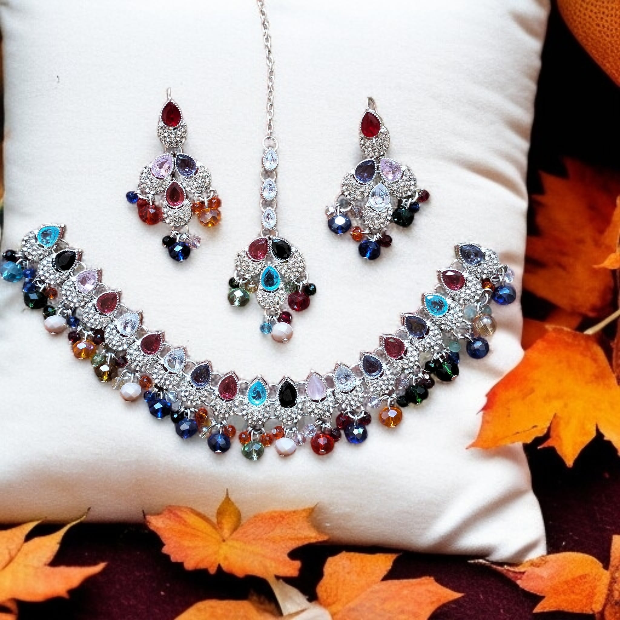 Buy multi colour jewellery set with necklace , earrings and tikka at best price in Pakistan